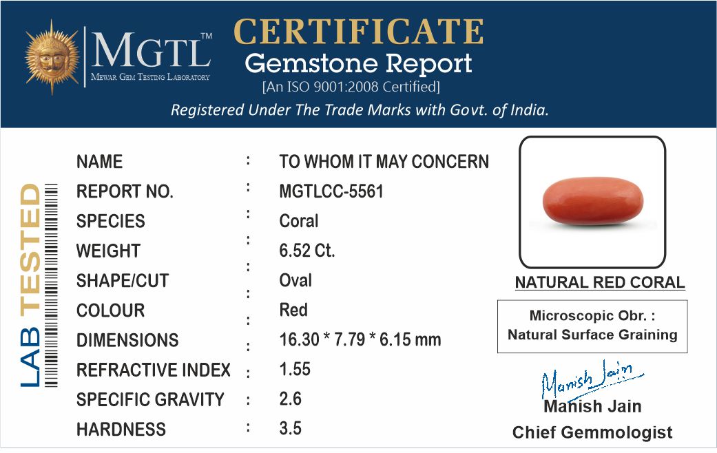 Red Coral - 6.52 Carats (Moonga - 7.11 Ratti)