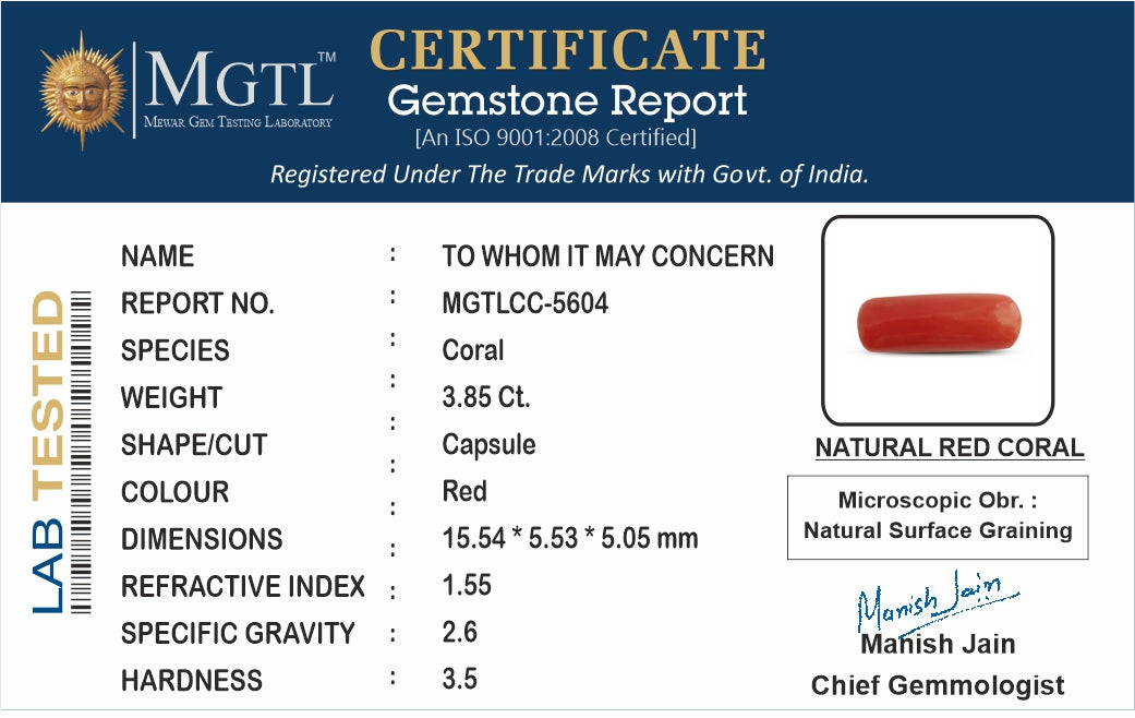 Red Coral - 3.85 Carats (Moonga - 4.20 Ratti)