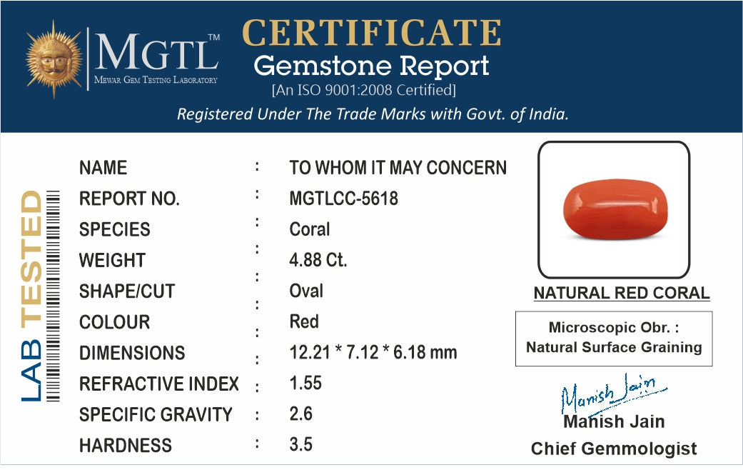 Red Coral - 4.88 Carats (Moonga - 5.32 Ratti)