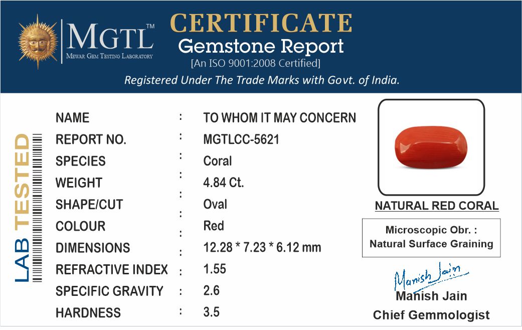 Red Coral - 4.84 Carats (Moonga - 5.28 Ratti)