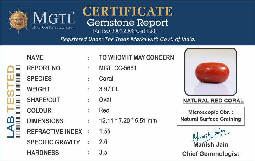 Red Coral - 3.97 Carats (Moonga - 4.33 Ratti)
