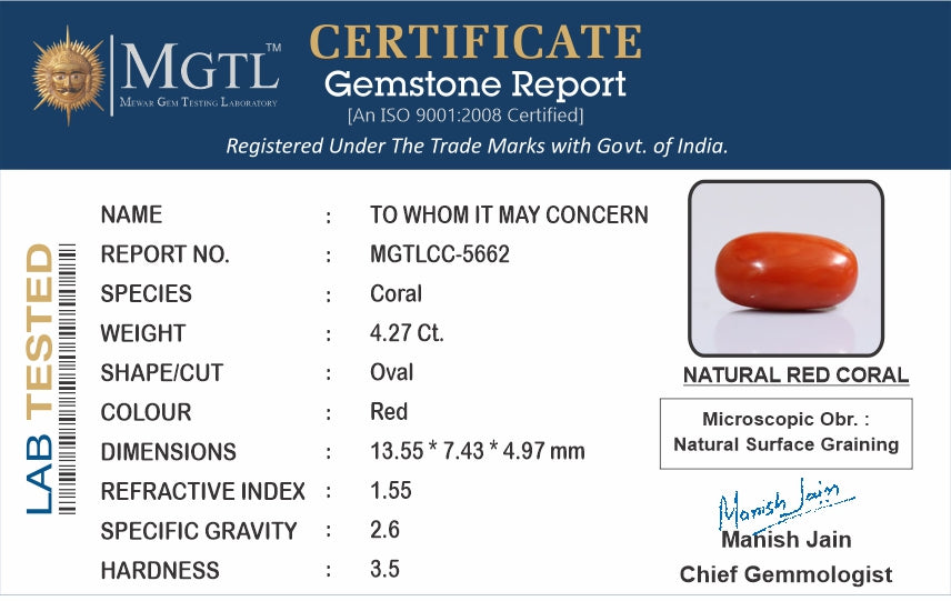 Red Coral - 4.27 Carats (Moonga - 4.65 Ratti)