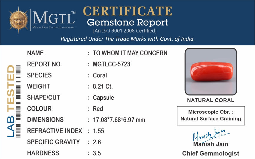 Red Coral - 8.21 Carats (Moonga - 8.95 Ratti)