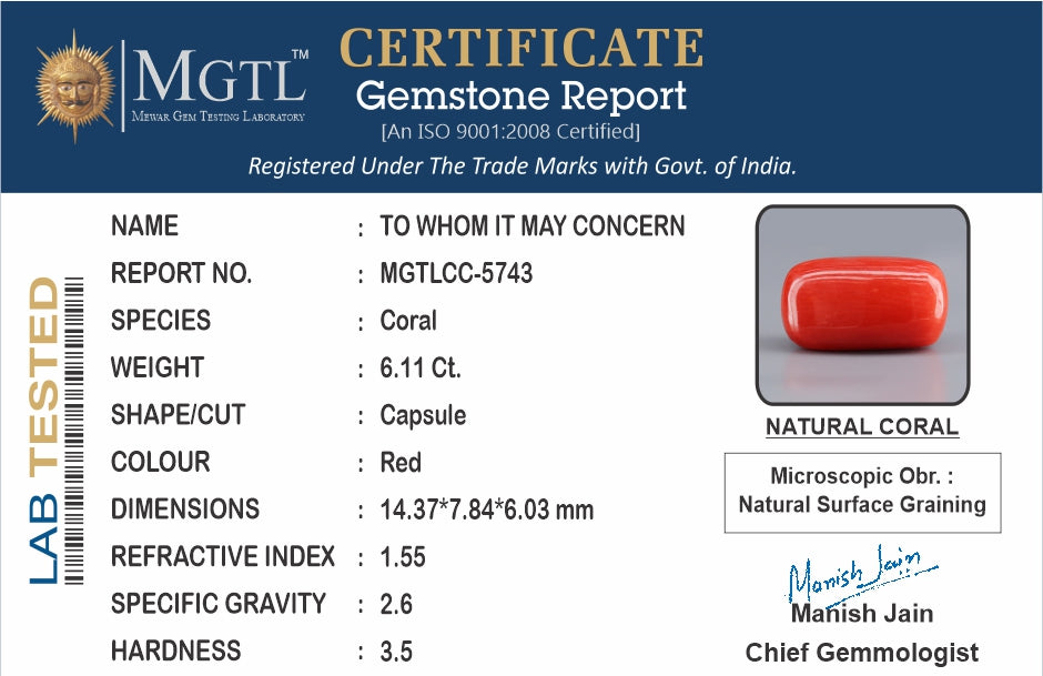 Red Coral (Moonga) - 6.11 Carats