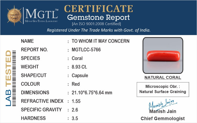 Red Coral - 8.93 Carats (Moonga - 9.73 Ratti)