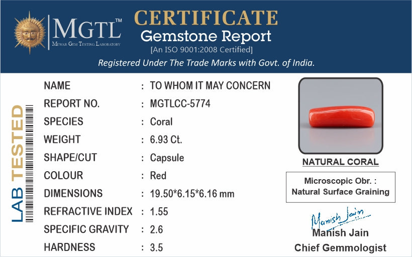 Red Coral (Moonga) - 6.93 Carats