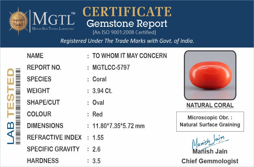 Red Coral - 3.94 Carats (Moonga - 4.29 Ratti)