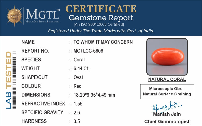 Red Coral - 6.44 Carats (Moonga - 7.02 Ratti)