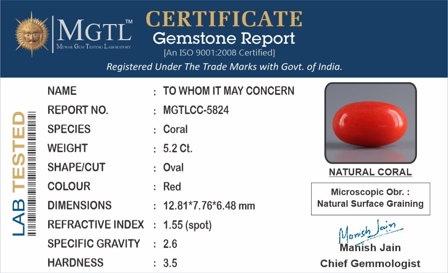 Red Coral - 5.20 Carats (Moonga - 5.67 Ratti)