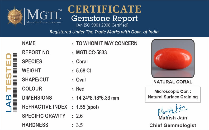 Red Coral - 5.68 Carats (Moonga - 6.19 Ratti)