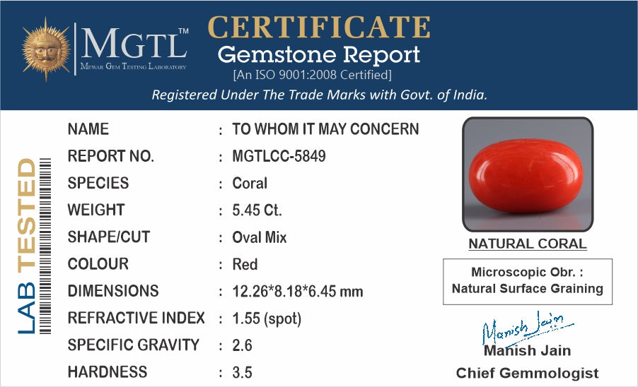Red Coral - 5.45 Carats (Moonga - 5.94 Ratti)