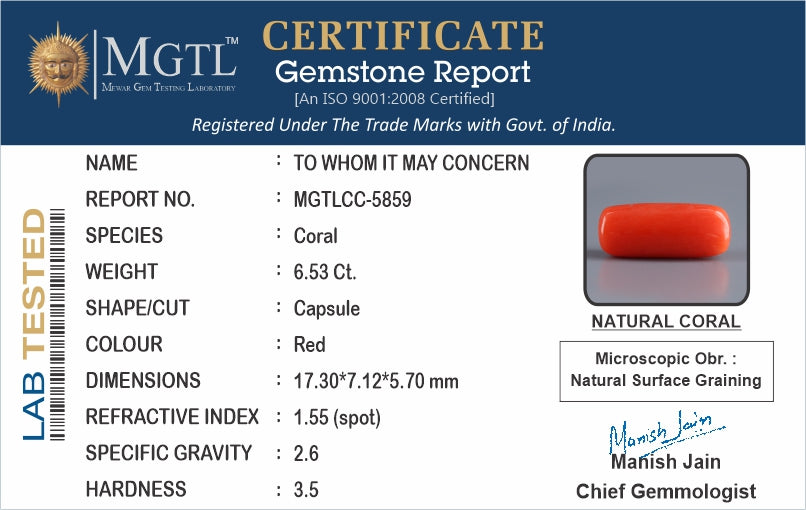 Red Coral - 6.53 Carats (Moonga - 7.12 Ratti)