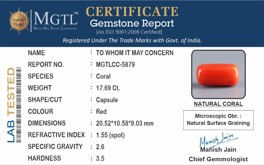 Red Coral - 17.69 Carats (Moonga - 19.28 Ratti)