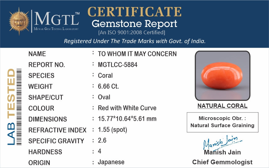 Red Coral - 6.66 Carats (Moonga - 7.26 Ratti)