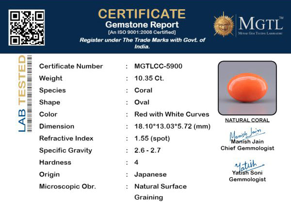 Red Coral - 10.35 Carats (Moonga - 11.28 Ratti)