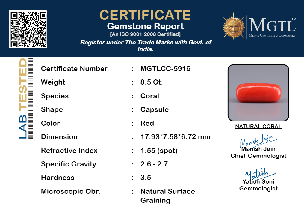 Red Coral - 8.50 Carats (Moonga - 9.27 Ratti)