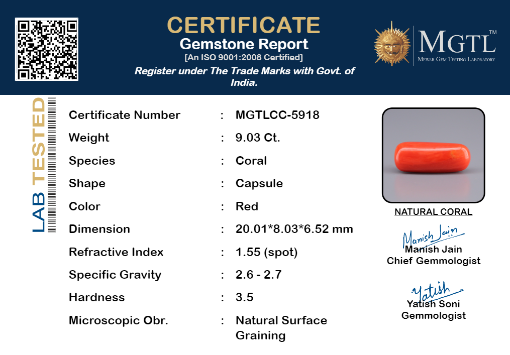 Red Coral - 9.03 Carats (Moonga - 9.84 Ratti)