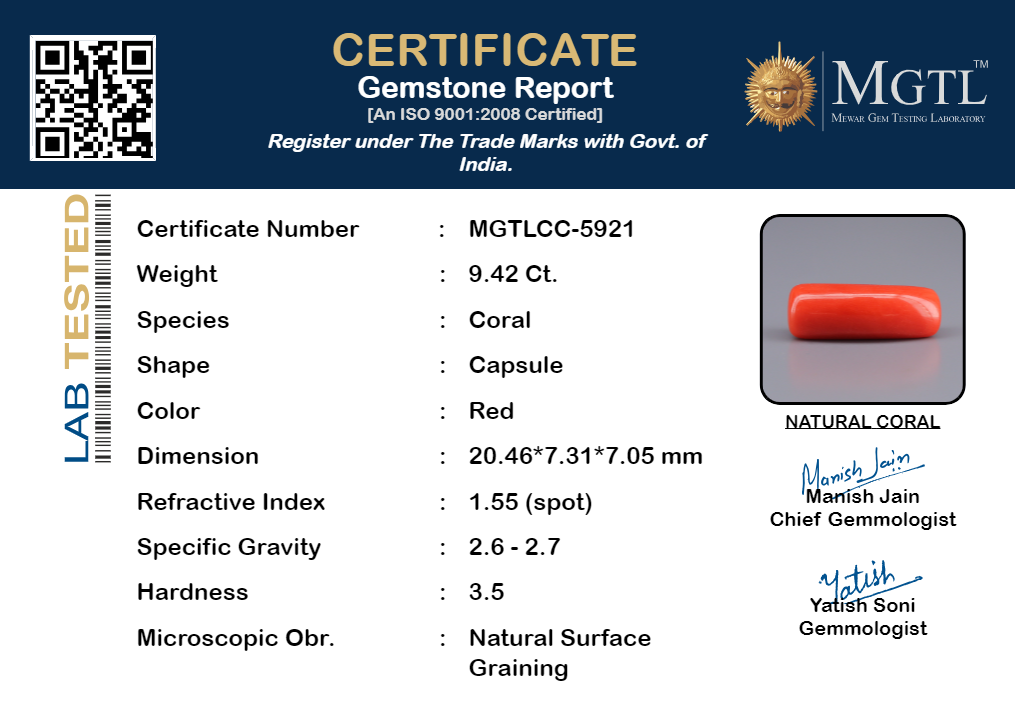 Red Coral - 9.42 Carats (Moonga - 10.27 Ratti)
