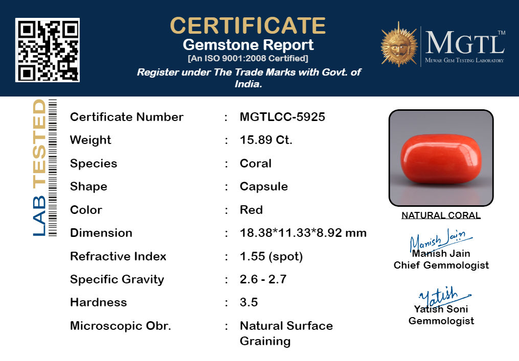 Red Coral - 15.89 Carats (Moonga - 17.32 Ratti)