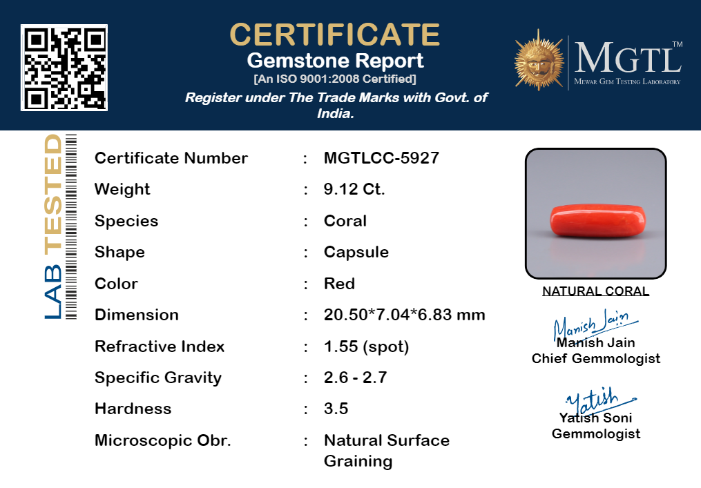 Red Coral - 9.12 Carats (Moonga - 9.94 Ratti)