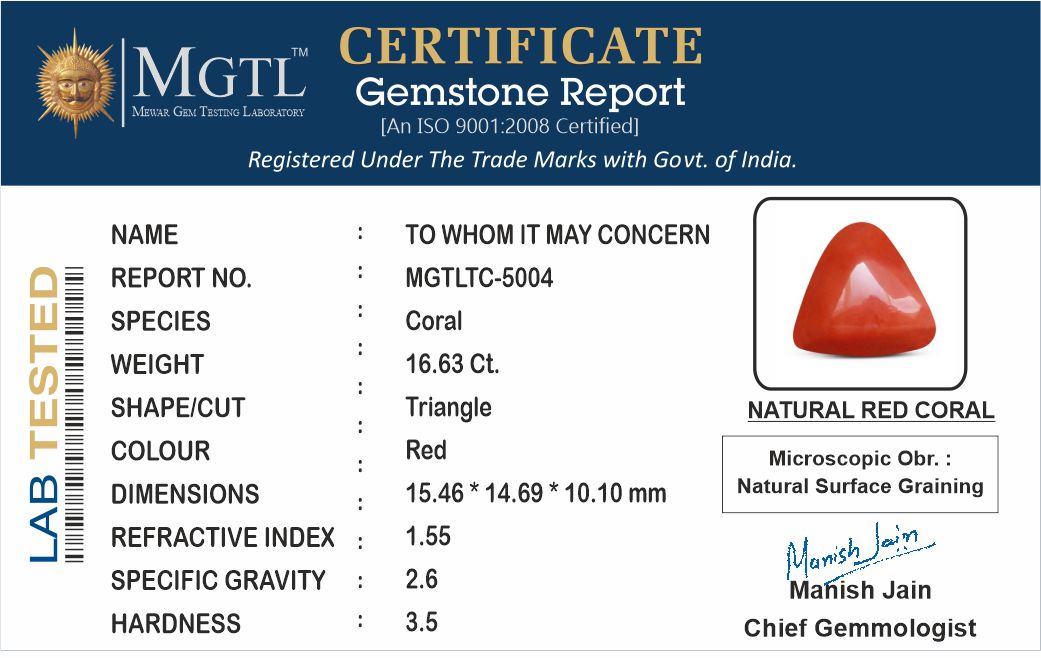 Red Coral - 16.63 Carats (Moonga - 18.13 Ratti)
