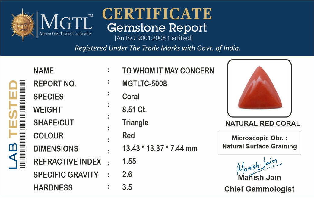 Red Coral - 8.51 Carats (Moonga - 9.28 Ratti)