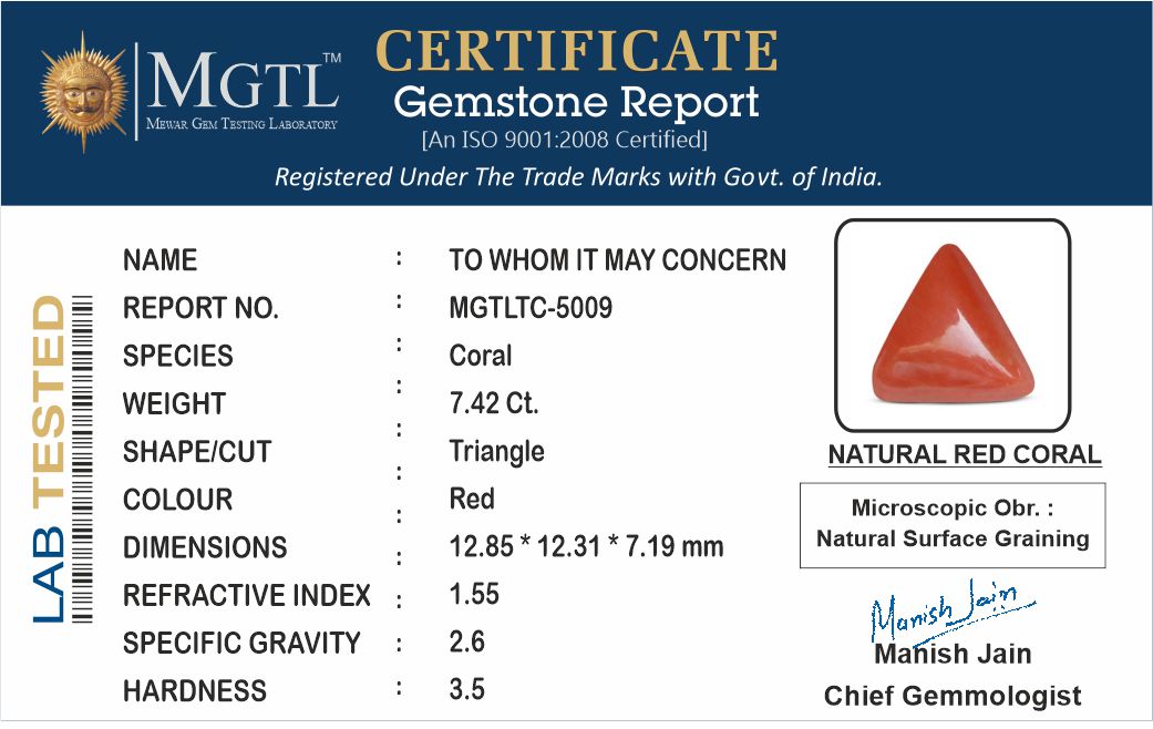 Red Coral - 7.42 Carats (Moonga - 8.09 Ratti)