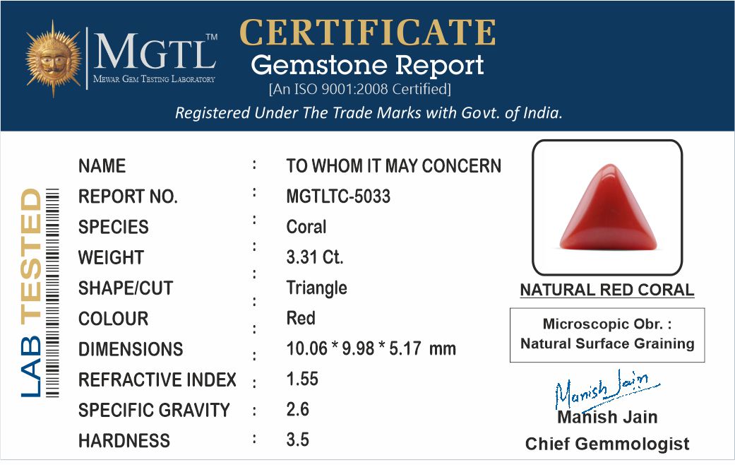 Red Coral - 3.31 Carats (Moonga - 3.61 Ratti)