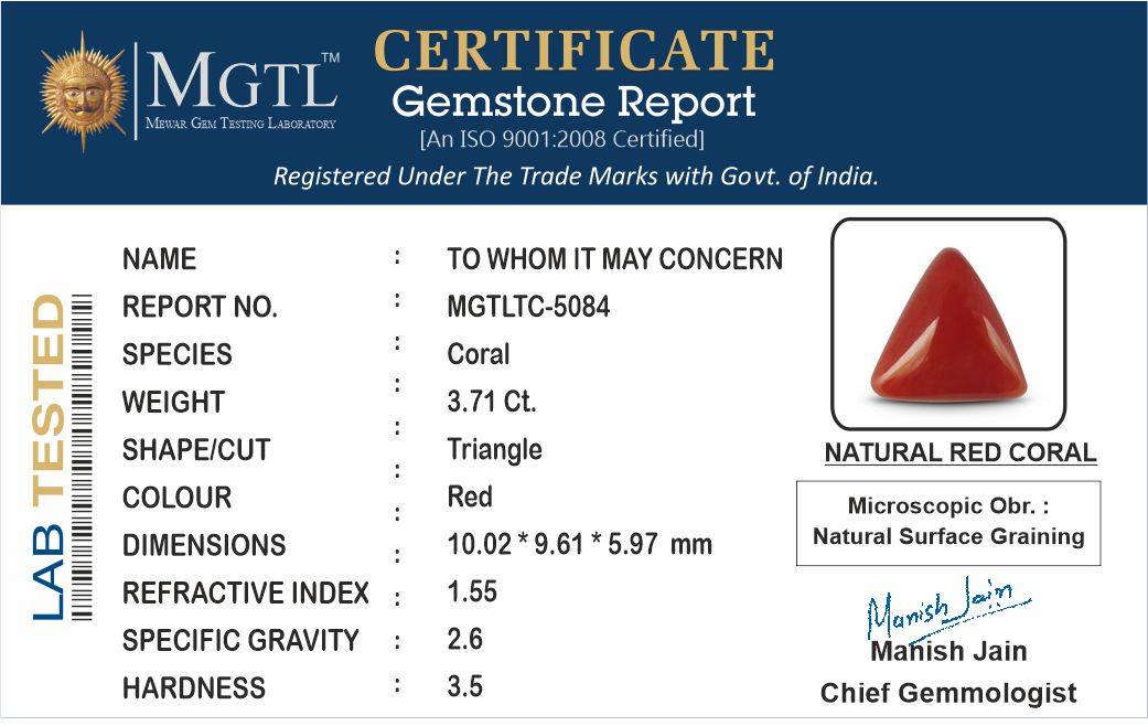 Red Coral - 3.71 Carats (Moonga - 4.04 Ratti)