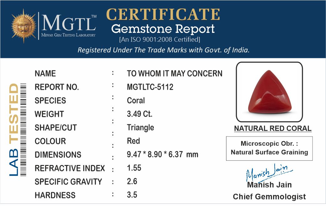 Red Coral - 3.49 Carats (Moonga - 3.80 Ratti)
