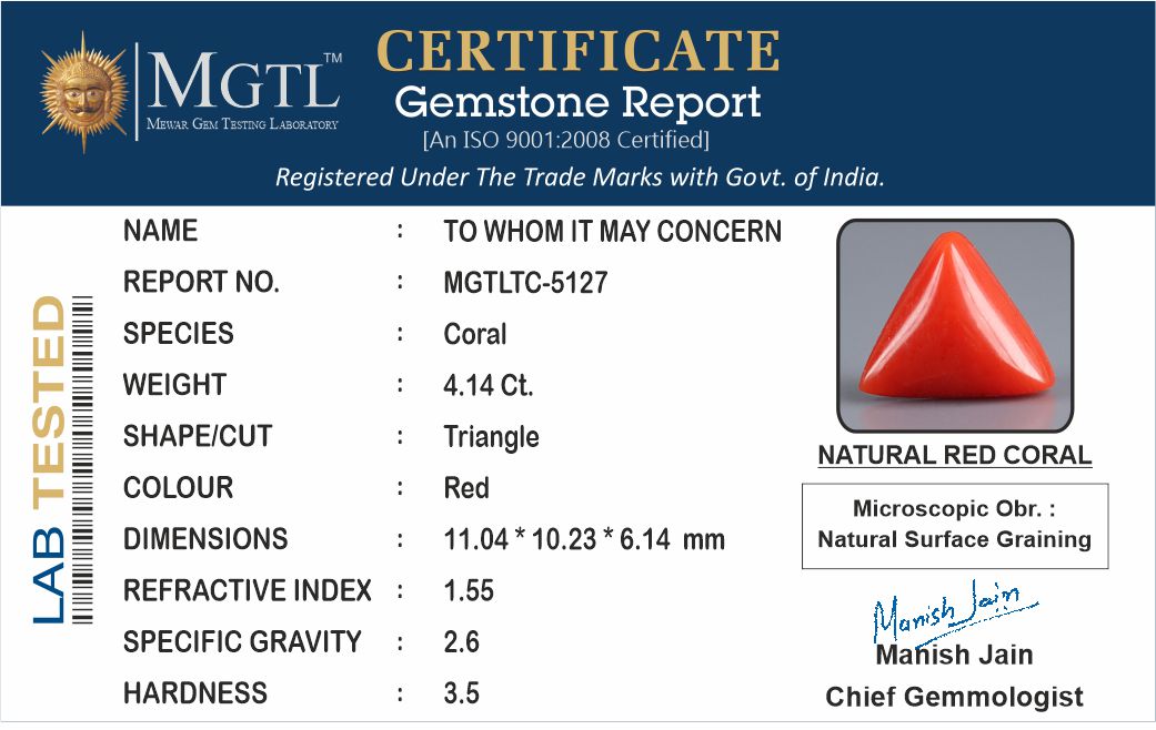 Red Coral - 4.14 Carats (Moonga - 4.51 Ratti)