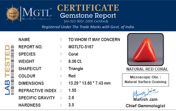 Red Coral - 8.06 Carats (Moonga - 8.79 Ratti)