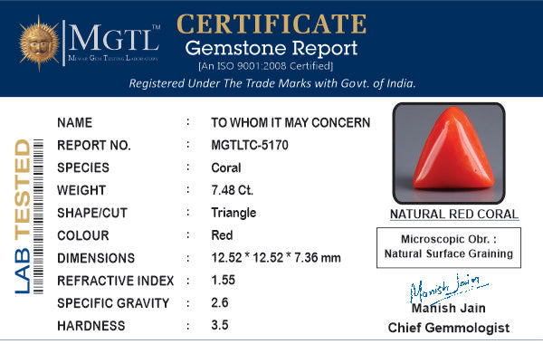 Red Coral - 7.48 Carats (Moonga - 8.15 Ratti)