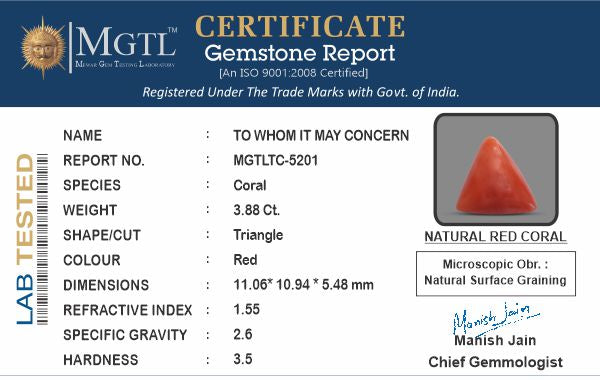 Red Coral - 3.88 Carats (Moonga - 4.23 Ratti)