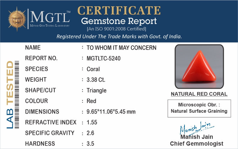 Red Coral - 3.38 Carats (Moonga - 3.68 Ratti)