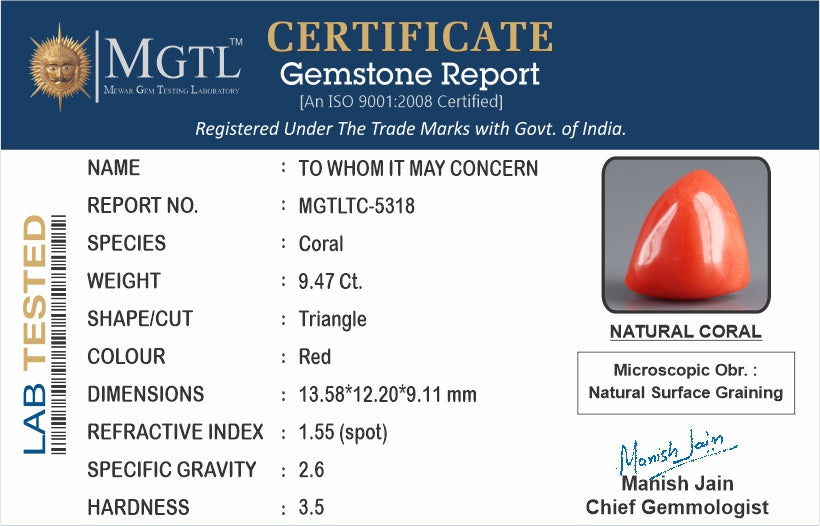 Red Coral - 9.47 Carats (Moonga - 10.32 Ratti)