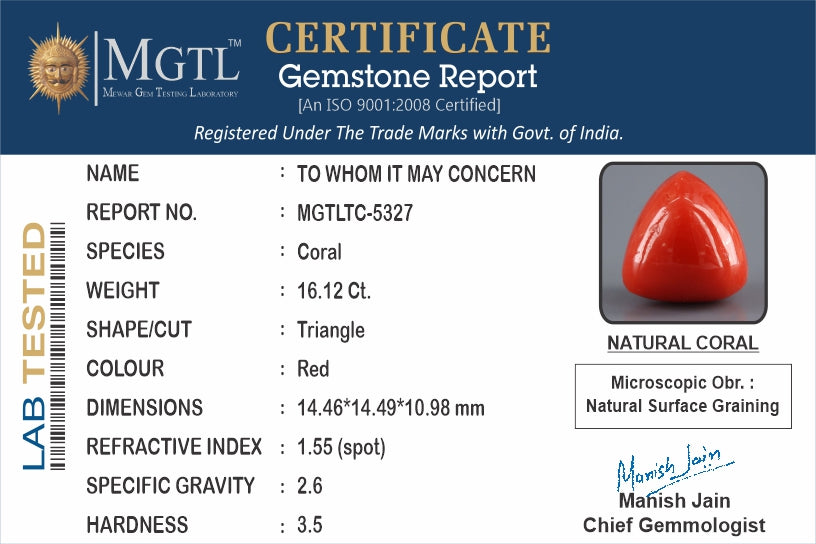 Red Coral - 16.12 Carats (Moonga - 17.57 Ratti)