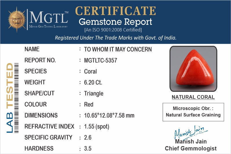 Red Coral - 6.20 Carats (Moonga - 6.76 Ratti)