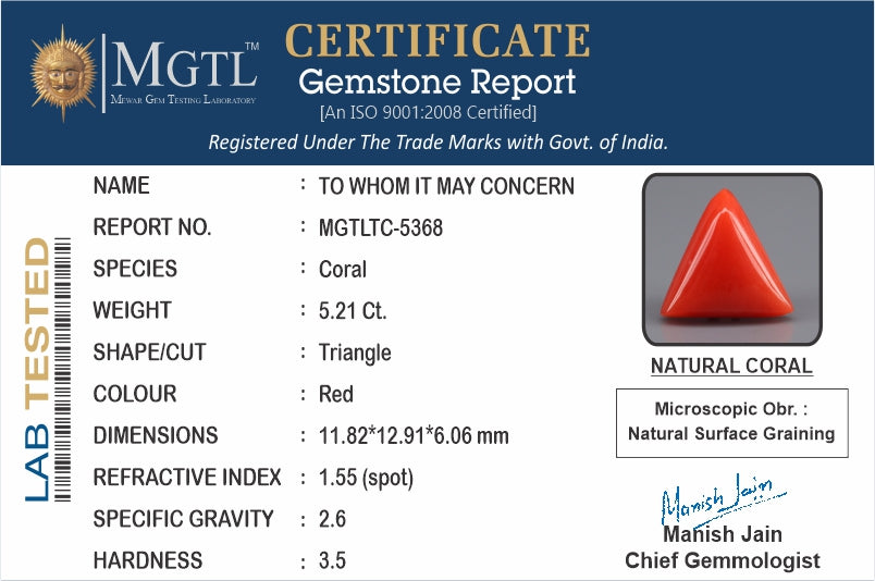 Red Coral - 5.21 Carats (Moonga - 5.68 Ratti)