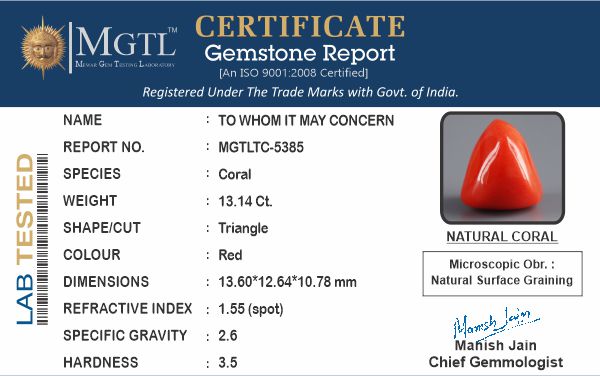 Red Coral - 13.14 Carats (Moonga - 14.32 Ratti)