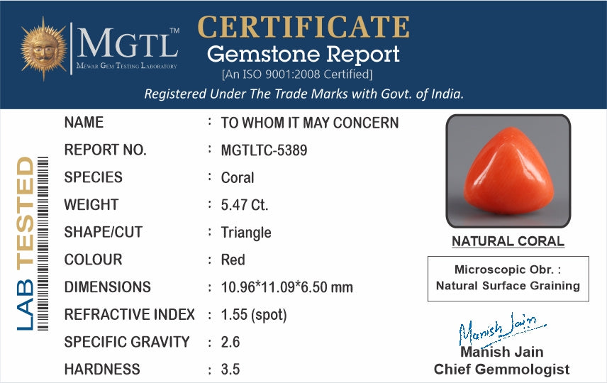 Red Coral - 5.47 Carats (Moonga - 5.96 Ratti)