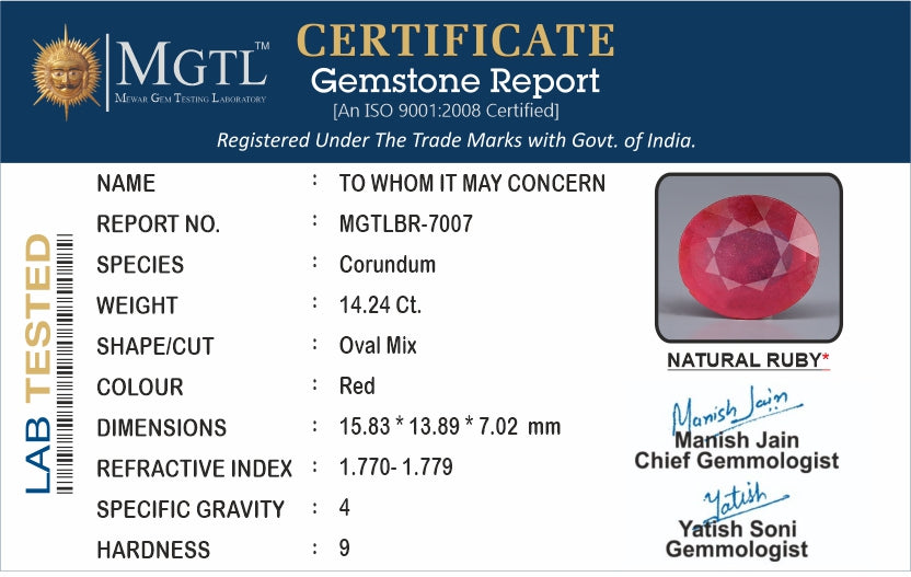 Ruby - 14.24 Carats (Manik - 15.52 Ratti)