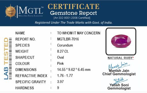 Ruby - 8.27 Carats (Manik - 9.01 Ratti)