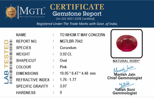 Ruby (Manik) - 3.92 Carats