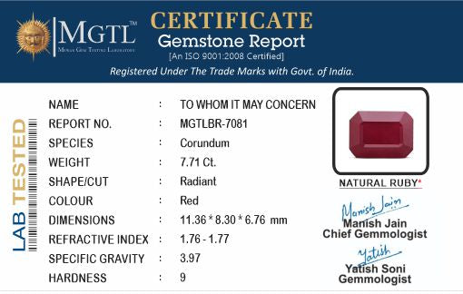 Ruby - 7.71 Carats (Manik - 8.40 Ratti)