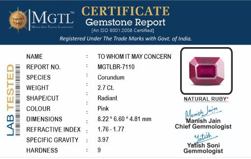 Ruby - 2.70 Carats (Manik - 2.94 Ratti)