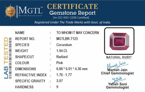 Ruby - 1.94 Carats (Manik - 2.11 Ratti)