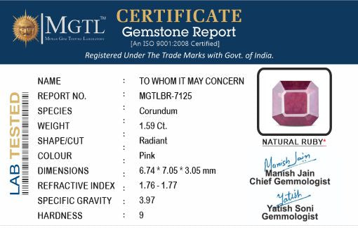 Ruby - 1.59 Carats (Manik - 1.73 Ratti)