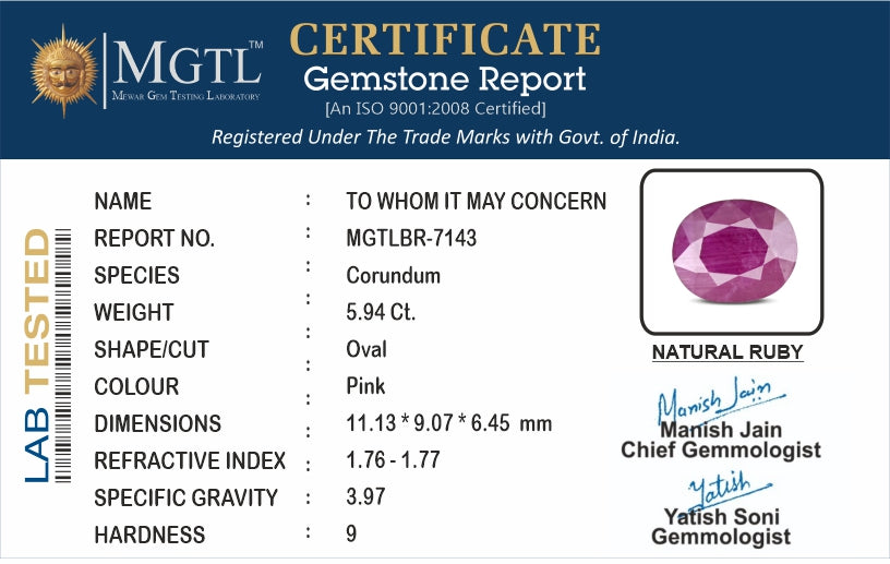 Ruby - 5.94 Carats (Manik - 6.47 Ratti)