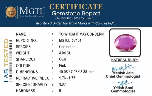 Ruby - 3.04 Carats (Manik - 3.31 Ratti)